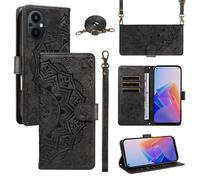 XFDSFDL® Cas de pour Oppo Reno 7Z/ A96 5G CPH2343/CPH2333 (6,59 Pouces) PU Cuir Housse Coque Mandala Motif avec Support Sac en Cuir à Cordon Portefeuille Gaufrage Étui de Protection Noir