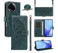 XFDSFDL® Cas de pour Realme 11 / 11x 5G RMX3780/ RMX3785 (6,72 Pouces) PU Cuir Housse Coque Mandala Motif avec Support Sac en Cuir à Cordon Portefeuille Gaufrage Étui de Protection Vert