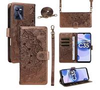 XFDSFDL® Cas de pour Realme C35/ Narzo 50A Prime RMX3511/RMX3516 (6,6 Pouces) PU Cuir Housse Coque Mandala Motif avec Support Sac en Cuir à Cordon Portefeuille Gaufrage Étui de Protection Marron