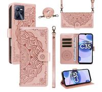 XFDSFDL® Cas de pour Realme C35/ Narzo 50A Prime RMX3511/RMX3516 (6,6 Pouces) PU Cuir Housse Coque Mandala Motif avec Support Sac en Cuir à Cordon Portefeuille Gaufrage Étui de Protection Or Rose