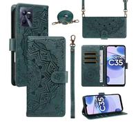 XFDSFDL® Cas de pour Realme C35/ Narzo 50A Prime RMX3511/RMX3516 (6,6 Pouces) PU Cuir Housse Coque Mandala Motif avec Support Sac en Cuir à Cordon Portefeuille Gaufrage Étui de Protection Vert