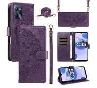 XFDSFDL® Cas de pour Realme C35/ Narzo 50A Prime RMX3511/RMX3516 (6,6 Pouces) PU Cuir Housse Coque Mandala Motif avec Support Sac en Cuir à Cordon Portefeuille Gaufrage Étui de Protection Violet