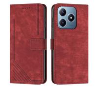 XFDSFDL® Cas de pour Realme C61/ C63 4G RMX3939/ RMX3930 (6,74 Pouces) PU Cuir Housse Flip Coque Impression de Stries avec Support Magnétique Fermeture Portefeuille Étui de Protection Rouge