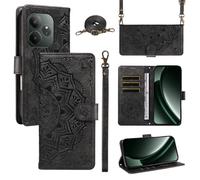 XFDSFDL® Cas de pour Realme GT 6/ GT 6T RMX3851/RMX3853 (6,78 Pouces) PU Cuir Housse Coque Mandala Motif avec Support Sac en Cuir à Cordon Portefeuille Gaufrage Étui de Protection Noir