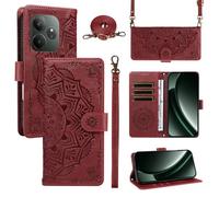 XFDSFDL® Cas de pour Realme GT 6/ GT 6T RMX3851/RMX3853 (6,78 Pouces) PU Cuir Housse Coque Mandala Motif avec Support Sac en Cuir à Cordon Portefeuille Gaufrage Étui de Protection Rouge
