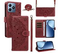 XFDSFDL® Cas de pour Realme Note 60/ Narzo N63 RMX3933 (6,74 Pouces) PU Cuir Housse Coque Mandala Motif avec Support Sac en Cuir à Cordon Portefeuille Gaufrage Étui de Protection Rouge
