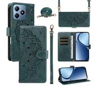 XFDSFDL® Cas de pour Realme Note 60/ Narzo N63 RMX3933 (6,74 Pouces) PU Cuir Housse Coque Mandala Motif avec Support Sac en Cuir à Cordon Portefeuille Gaufrage Étui de Protection Vert