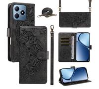 XFDSFDL® Cas de pour Realme Note 60/ Narzo N63 RMX3933 (6,74 Pouces) PU Cuir Housse Coque Mandala Motif avec Support Sac en Cuir à Cordon Portefeuille Gaufrage Étui de Protection Noir