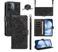 XFDSFDL® Cas de pour Realme Note 70/70T/ Narzo 80 Lite (6,74 Pouces) PU Cuir Housse Coque Mandala Motif avec Support Sac en Cuir à Cordon Portefeuille Gaufrage Étui de Protection Noir