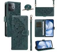 XFDSFDL® Cas de pour Realme Note 70/70T/ Narzo 80 Lite (6,74 Pouces) PU Cuir Housse Coque Mandala Motif avec Support Sac en Cuir à Cordon Portefeuille Gaufrage Étui de Protection Vert