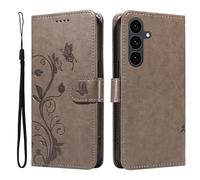 XFDSFDL® Cas de pour Samsung Galaxy S25 FE SM-S731 (6,7 Pouces) PU Cuir Housse Flip Coque Amandier Motif avec Support Longe Fermeture Portefeuille Gaufrage Étui de Protection Gris