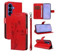 XFDSFDL® Cas de pour Samsung Galaxy S26+ SM-S947 (6,7 Pouces) PU Cuir Housse Flip Coque Amandier Motif avec Support Longe Fermeture Portefeuille Gaufrage Étui de Protection Rouge
