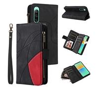 XFDSFDL® Cas de pour Sony Xperia 10 IV (6,0 Pouces) PU Cuir Housse Flip Coque Bande Motif avec Stand et Magnétique Fermeture Eclair Portefeuille Protection Cas Noir