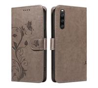 XFDSFDL® Cas de pour Sony Xperia 10 IV XQ-CC54/XQ-CC72 (6,0 Pouces) PU Cuir Housse Flip Coque Amandier Motif avec Support Longe Fermeture Portefeuille Gaufrage Étui de Protection Gris