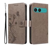 XFDSFDL® Cas de pour Sony Xperia 10 VII XQ-FE72 (6,1 Pouces) PU Cuir Housse Flip Coque Amandier Motif avec Support Longe Fermeture Portefeuille Gaufrage Étui de Protection Gris