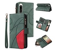 XFDSFDL® Cas de pour Sony Xperia 5 IV (6,1 Pouces) PU Cuir Housse Flip Coque Bande Motif avec Stand et Magnétique Fermeture Eclair Portefeuille Protection Cas Vert