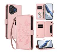 XFDSFDL® Étui pour Blackview Oscal Flat 2 / 2C (6,6 Pouces) Lanière PU Cuir Housse Fleur Papillon Motif avec Supports et Fermeture Eclair Fente Carte Portefeuille Protection Coque Rose