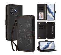 XFDSFDL® Étui pour Blackview Wave 8 / 8C (6,56 Pouces) Lanière PU Cuir Housse Fleur Papillon Motif avec Supports et Fermeture Eclair Fente Carte Portefeuille Protection Coque Noir