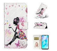 XFDSFDL® Étui pour Huawei Y6p (6,3 Pouces) PU Cuir Housse Flip Coque Fée Papillon Motif avec Built Stand et Magnétique Fermeture Portefeuille Protection Cas, 10