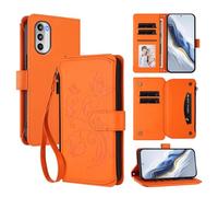 XFDSFDL® Étui pour Motorola Moto G52/ G71s/ G82 (6,6 Pouces) Lanière PU Cuir Housse Fleur Papillon Motif avec Supports et Fermeture Eclair Fente Carte Portefeuille Protection Coque Orange