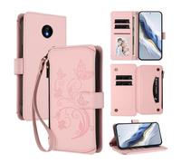 XFDSFDL® Étui pour Nokia C10 / C20 TA-1339/1342 (6,52 Pouces) Lanière PU Cuir Housse Fleur Papillon Motif avec Supports et Fermeture Eclair Fente Carte Portefeuille Protection Coque Rose