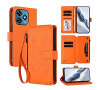 XFDSFDL® Étui pour Oukitel C51 (6,8 Pouces) Lanière PU Cuir Housse Fleur Papillon Motif avec Supports et Fermeture Eclair Fente Carte Portefeuille Protection Coque Orange