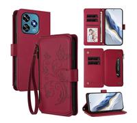 XFDSFDL® Étui pour Oukitel C51 (6,8 Pouces) Lanière PU Cuir Housse Fleur Papillon Motif avec Supports et Fermeture Eclair Fente Carte Portefeuille Protection Coque Rouge