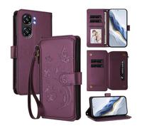 XFDSFDL® Étui pour Oukitel C58 / C58 Pro (6,67 Pouces) Lanière PU Cuir Housse Fleur Papillon Motif avec Supports et Fermeture Eclair Fente Carte Portefeuille Protection Coque Lavande
