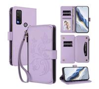 XFDSFDL® Étui pour TCL 20R 5G / 20 AX 5G (6,52 Pouces) Lanière PU Cuir Housse Fleur Papillon Motif avec Supports et Fermeture Eclair Fente Carte Portefeuille Protection Coque Violet