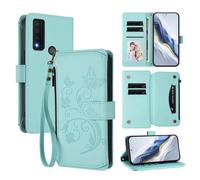 XFDSFDL® Étui pour TCL 30V / 30 XE T781S (6,67 Pouces) Lanière PU Cuir Housse Fleur Papillon Motif avec Supports et Fermeture Eclair Fente Carte Portefeuille Protection Coque Vert Menthe