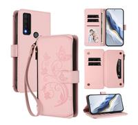 XFDSFDL® Étui pour TCL 30V / 30 XE T781S (6,67 Pouces) Lanière PU Cuir Housse Fleur Papillon Motif avec Supports et Fermeture Eclair Fente Carte Portefeuille Protection Coque Rose