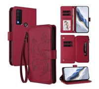 XFDSFDL® Étui pour TCL 30V / 30 XE T781S (6,67 Pouces) Lanière PU Cuir Housse Fleur Papillon Motif avec Supports et Fermeture Eclair Fente Carte Portefeuille Protection Coque Rouge
