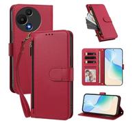 XFDSFDL® Étui pour TCL 605/60 SE T517 (6,7 Pouces) Lanière PU Cuir Housse Eclair Portefeuille avec Supports et Magnétique Fermeture Recharge sans Fil Protection Coque Rouge