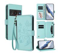 XFDSFDL® Étui pour Telstra T-Elite/ZTE Blade A75 Pro Lanière PU Cuir Housse Fleur Papillon Motif avec Supports et Fermeture Eclair Fente Carte Portefeuille Protection Coque Vert Menthe