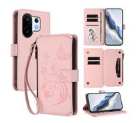 XFDSFDL® Étui pour Vivo X200 FE/ S30 Pro Mini (6,31 Pouces) Lanière PU Cuir Housse Fleur Papillon Motif avec Supports et Fermeture Eclair Fente Carte Portefeuille Protection Coque Rose
