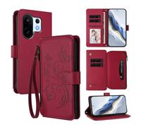 XFDSFDL® Étui pour Vivo X200 FE/ S30 Pro Mini (6,31 Pouces) Lanière PU Cuir Housse Fleur Papillon Motif avec Supports et Fermeture Eclair Fente Carte Portefeuille Protection Coque Rouge