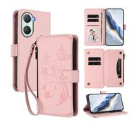 XFDSFDL® Étui pour Vivo Y03/ Y18/ Y18s V2332 (6,56 Pouces) Lanière PU Cuir Housse Fleur Papillon Motif avec Supports et Fermeture Eclair Fente Carte Portefeuille Protection Coque Rose