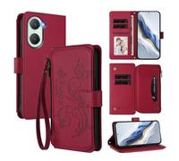 XFDSFDL® Étui pour Vivo Y03/ Y18/ Y18s V2332 (6,56 Pouces) Lanière PU Cuir Housse Fleur Papillon Motif avec Supports et Fermeture Eclair Fente Carte Portefeuille Protection Coque Rouge