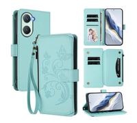 XFDSFDL® Étui pour Vivo Y03/ Y18/ Y18s V2332 (6,56 Pouces) Lanière PU Cuir Housse Fleur Papillon Motif avec Supports et Fermeture Eclair Fente Carte Portefeuille Protection Coque Vert Menthe