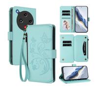 XFDSFDL® Étui pour ZTE Nubia Focus 2 Z2462N (6,7 Pouces) Lanière PU Cuir Housse Fleur Papillon Motif avec Supports et Fermeture Eclair Fente Carte Portefeuille Protection Coque Vert Menthe