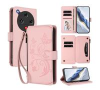 XFDSFDL® Étui pour ZTE Nubia Focus 2 Z2462N (6,7 Pouces) Lanière PU Cuir Housse Fleur Papillon Motif avec Supports et Fermeture Eclair Fente Carte Portefeuille Protection Coque Rose