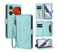 XFDSFDL® Étui pour ZTE Nubia Music 2 Z2460 (6,7 Pouces) Lanière PU Cuir Housse Fleur Papillon Motif avec Supports et Fermeture Eclair Fente Carte Portefeuille Protection Coque Vert Menthe