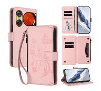 XFDSFDL® Étui pour ZTE Nubia Music 2 Z2460 (6,7 Pouces) Lanière PU Cuir Housse Fleur Papillon Motif avec Supports et Fermeture Eclair Fente Carte Portefeuille Protection Coque Rose
