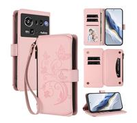 XFDSFDL® Étui pour ZTE Nubia Z80 Ultra NX741J (6,85 Pouces) Lanière PU Cuir Housse Fleur Papillon Motif avec Supports et Fermeture Eclair Fente Carte Portefeuille Protection Coque Rose
