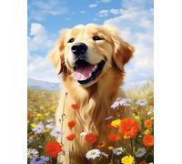 XFENDOUDOU Canevas Enfant Debutant Stitch Point De Croix Golden Retriever à fleurs décoration murale, cadeau à faire soi-même （40x50cm ）