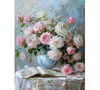 XFENDOUDOU Canevas Kit Complet Adulte Debutant Point De Croix Roses dans un vase Décoration murale, cadeau à faire soi-même 16x20inch