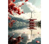 XFENDOUDOU Canevas Kit Complet Adulte Debutant Point De Paysage de cerisiers en fleurs de la pagode branche décoration murale, cadeau à faire soi-même 16x20inch