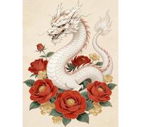 XFENDOUDOU Canevas kit complet adulte demi-débutant point de croix Dragons et fleurs Canevas et Broderie Complet avec Fils à Broder 16X20in