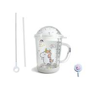 Xfeyaqlo Gobelet en paille avec couvercle, couvercle de fond antidérapant et paille en silicone, pour le thé au jus de lait, pour micro-ondes (poney blanc, verre, 400 ml)