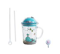 Xfeyaqlo Tasse à Lait Réutilisable avec Paille, avec couvercle, couvercle inférieur antidérapant et paille en silicone, pour thé au jus de lait, pour micro-ondes, 400ml (poisson bleu)